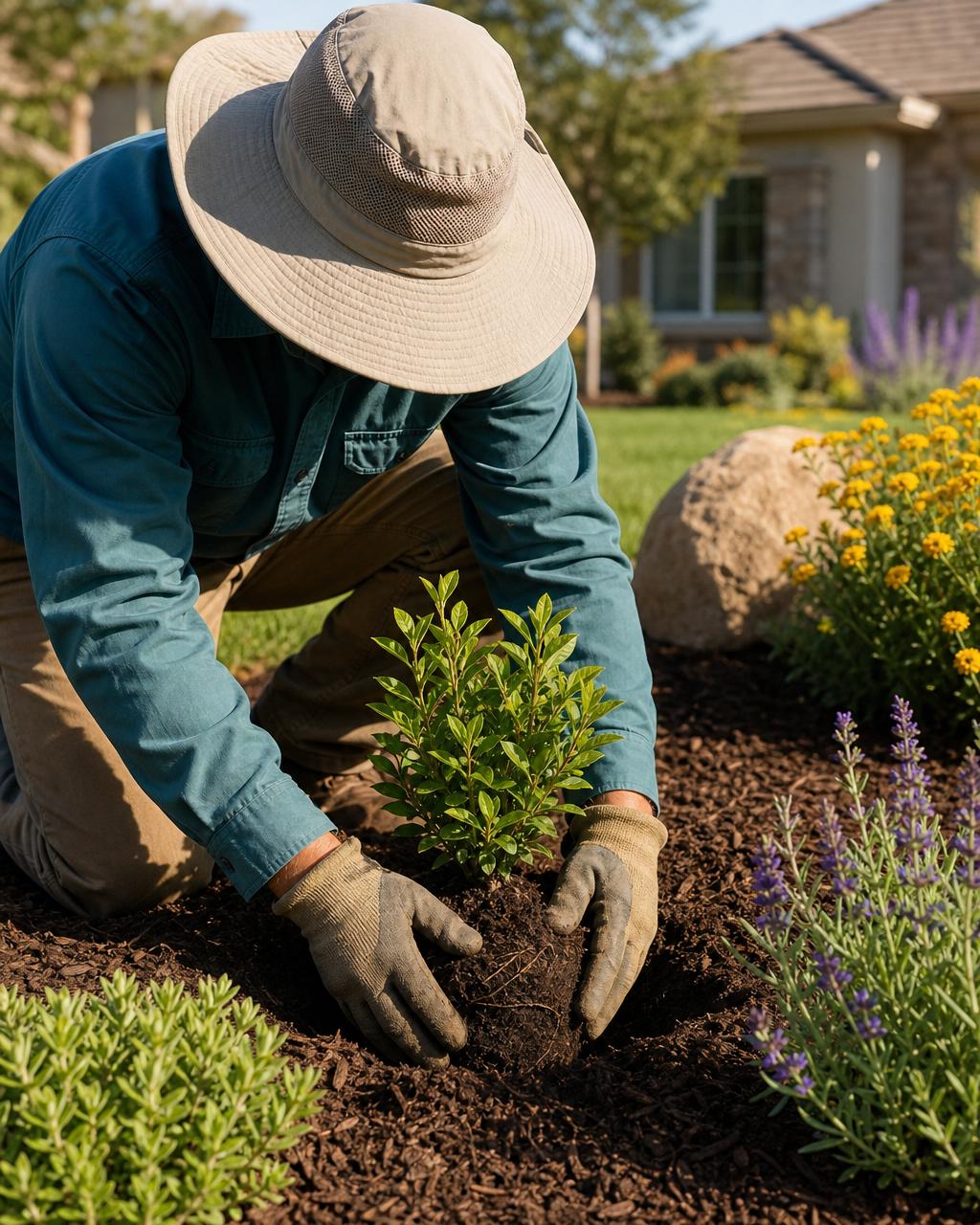 Salmeron landscaper planting a young shrub in a freshly mulched garden bed in a Central California residential yard