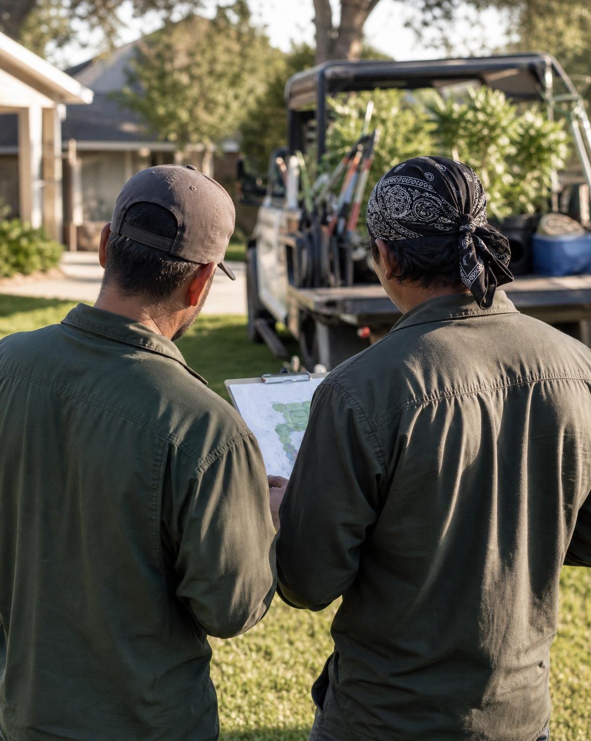 Two bilingual landscapers reviewing a project plan on a clipboard beside a work truck loaded with landscaping tools