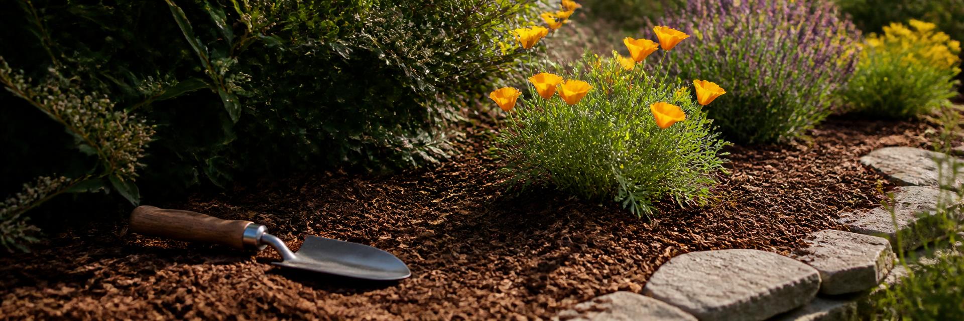 Garden trowel resting in fresh mulch beside blooming California poppies and lavender along a stone border