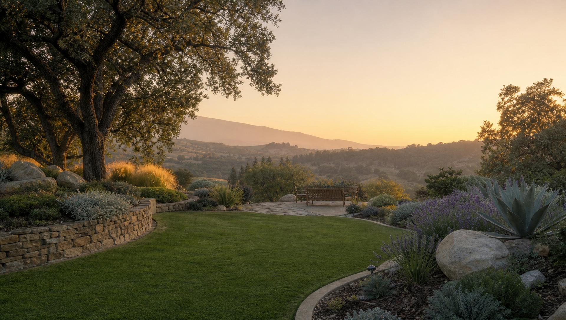 Landscaped Central California backyard at golden hour