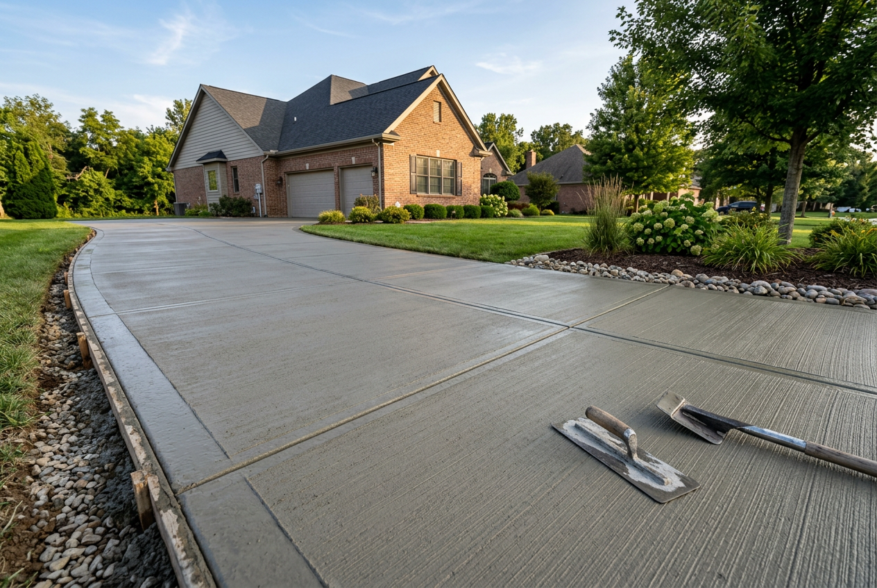 Freshly poured broom-finished concrete driveway with clean control joints beside a landscaped yard