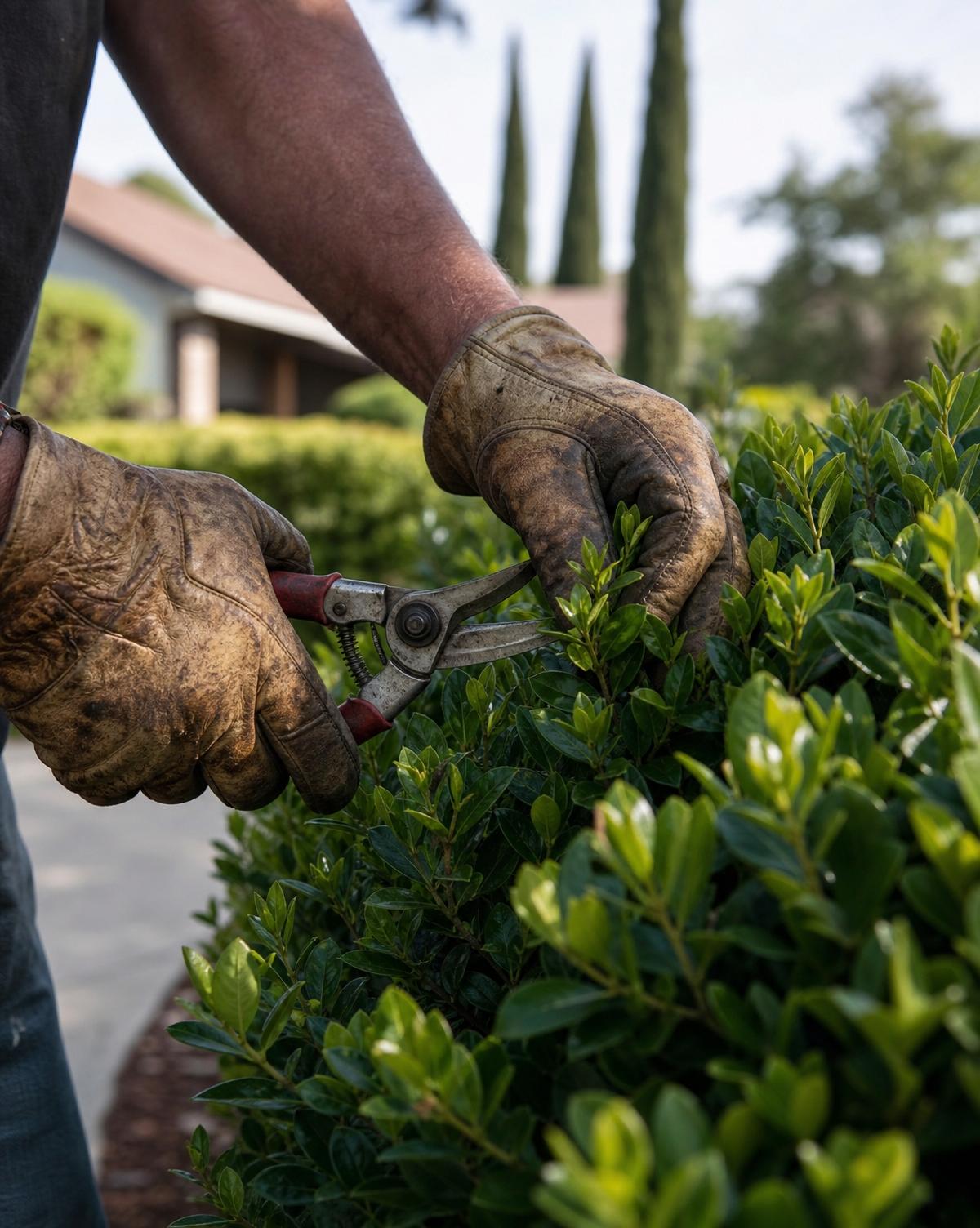 Close-up of experienced landscaper's gloved hands using pruning shears on a lush green hedge in a Central California yard