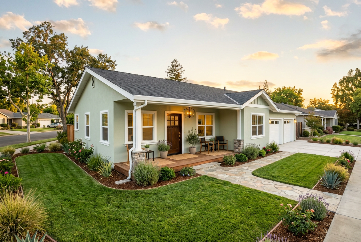 Central California single-family home with refreshed stucco, trim, gutters, and a modernized front porch at golden hour