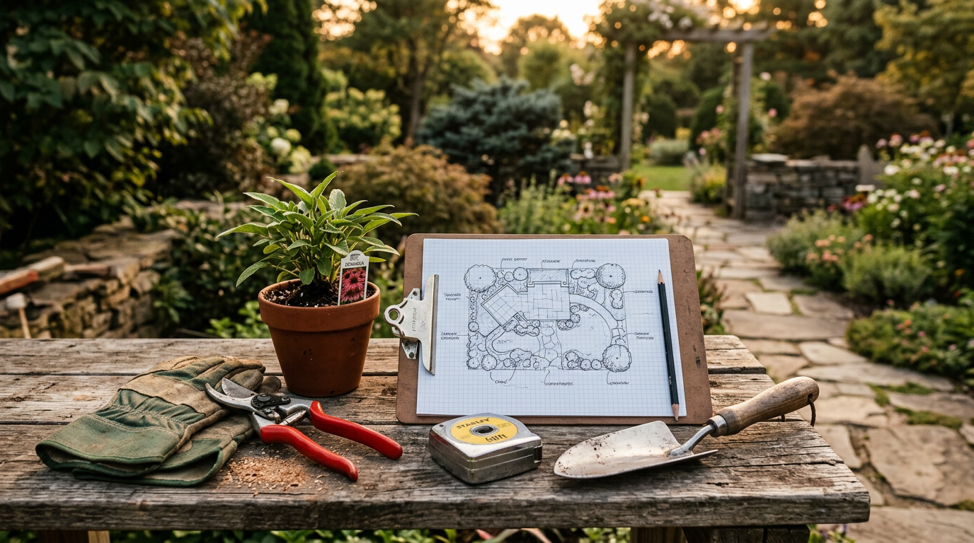 Open landscape design notebook, pen, coffee cup, and potted succulent on a wooden outdoor table at golden hour
