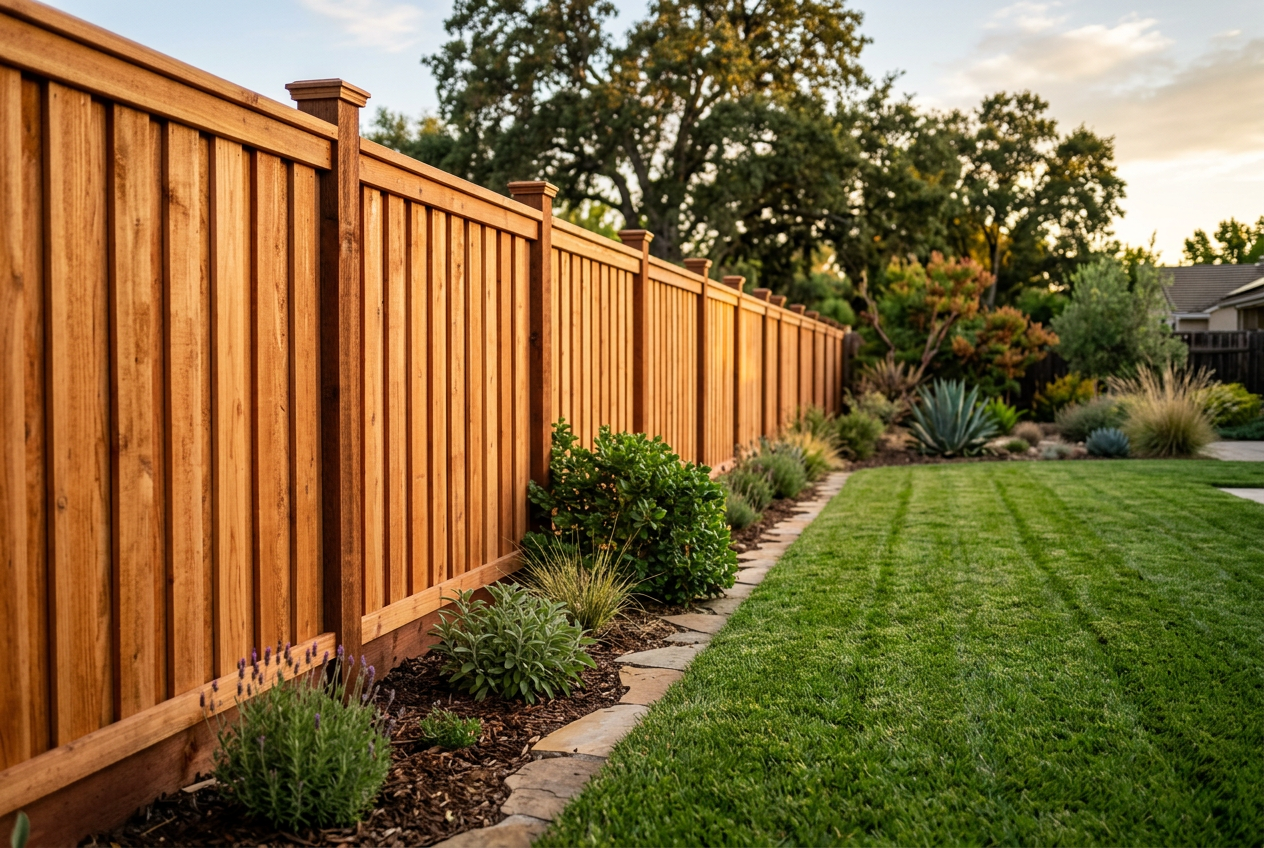 Brand new redwood privacy fence with clean post caps along a landscaped backyard lawn at golden hour