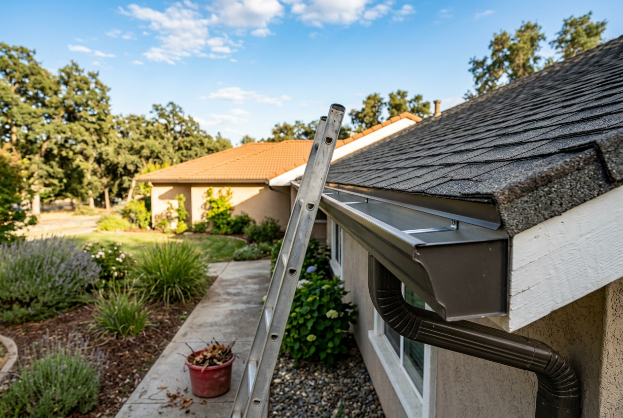 Aluminum ladder leaning against a residential eave beside a clean, debris-free rain gutter