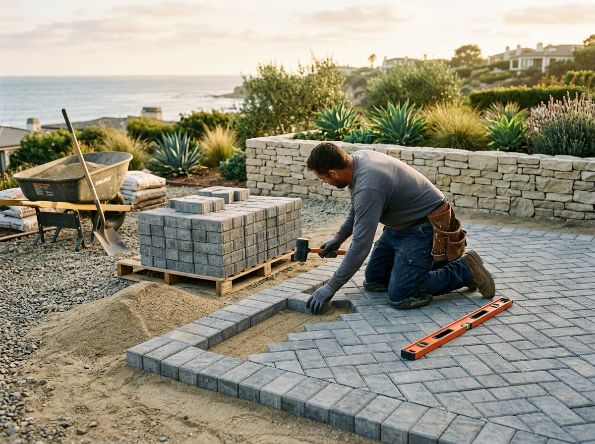 Natural stone retaining wall stabilizing a terraced backyard slope