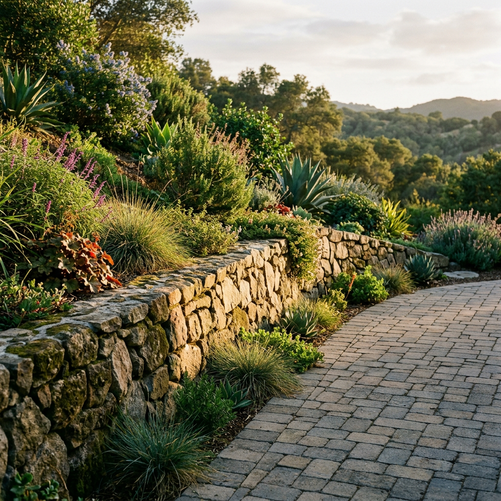 Natural stone retaining wall next to interlocking paver patio in a lush Central California backyard
