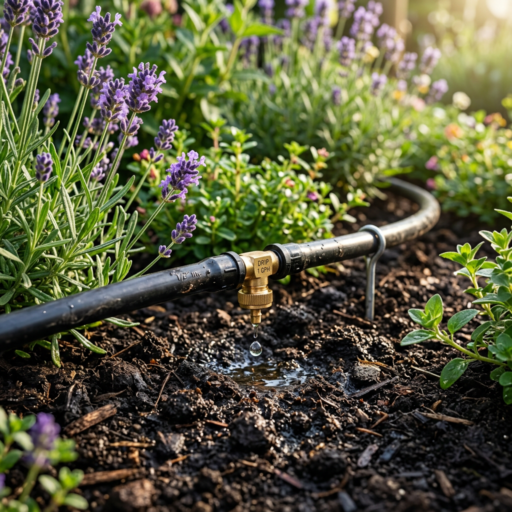 Close-up of a drip irrigation line with brass emitters watering a lavender flower bed