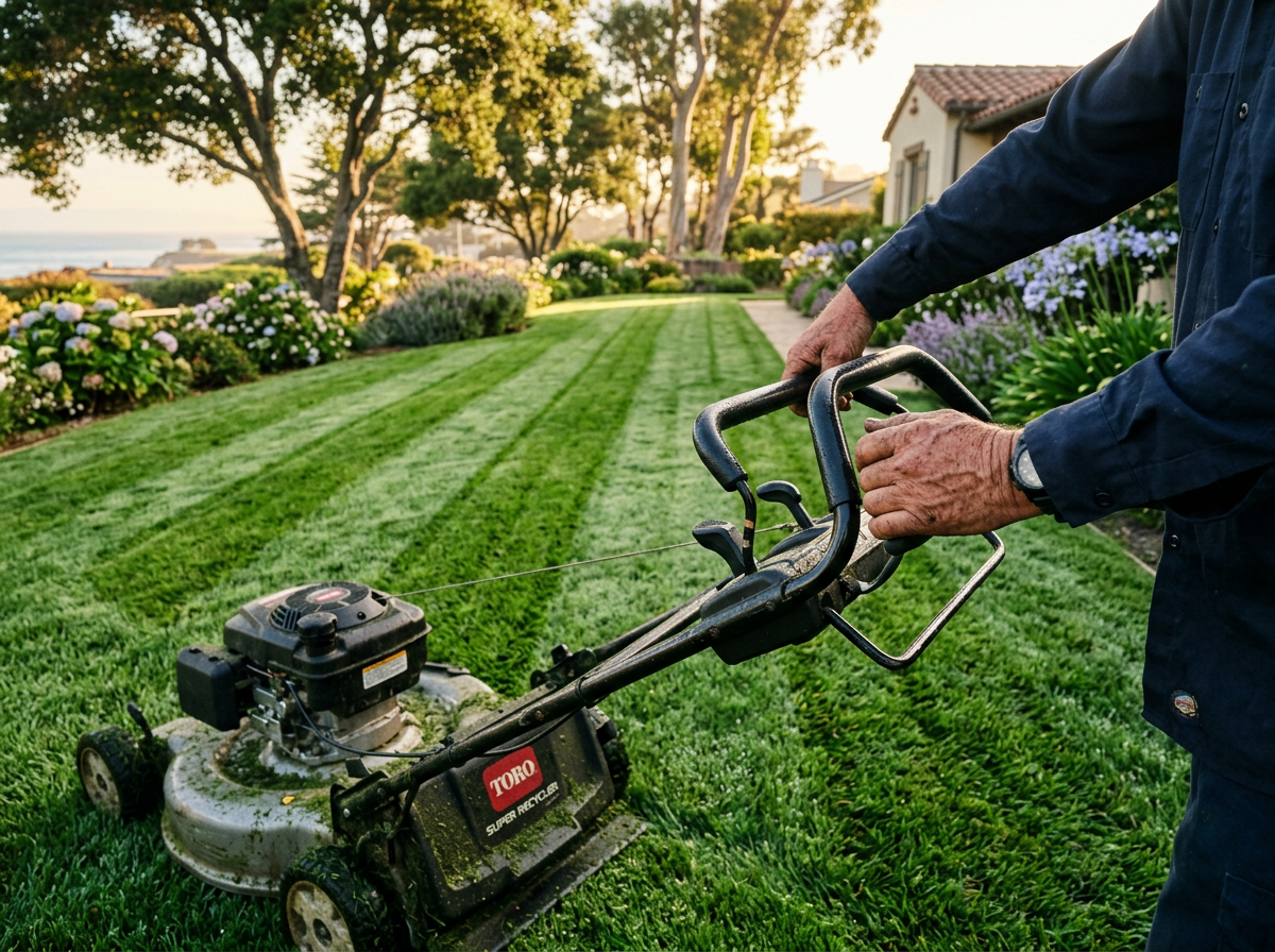 Landscaper mowing a lush striped green lawn with a professional gas mower in coastal California