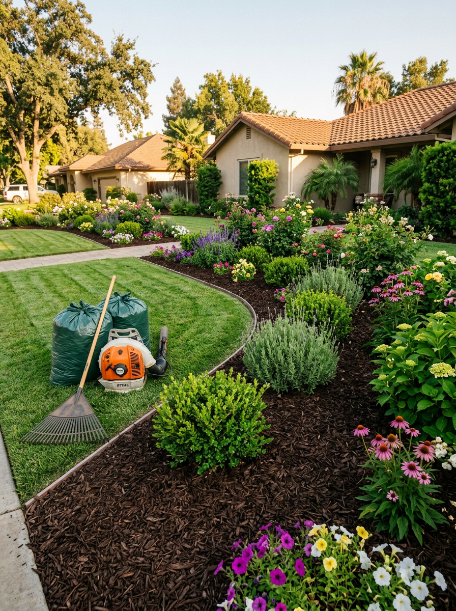 Freshly spread dark brown mulch around ornamental plants with a rake and wheelbarrow