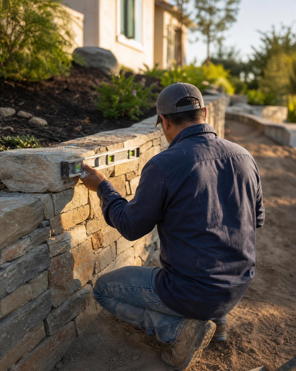 Landscaping owner in work shirt and cap kneeling beside a freshly built dry-stack stone retaining wall, checking level