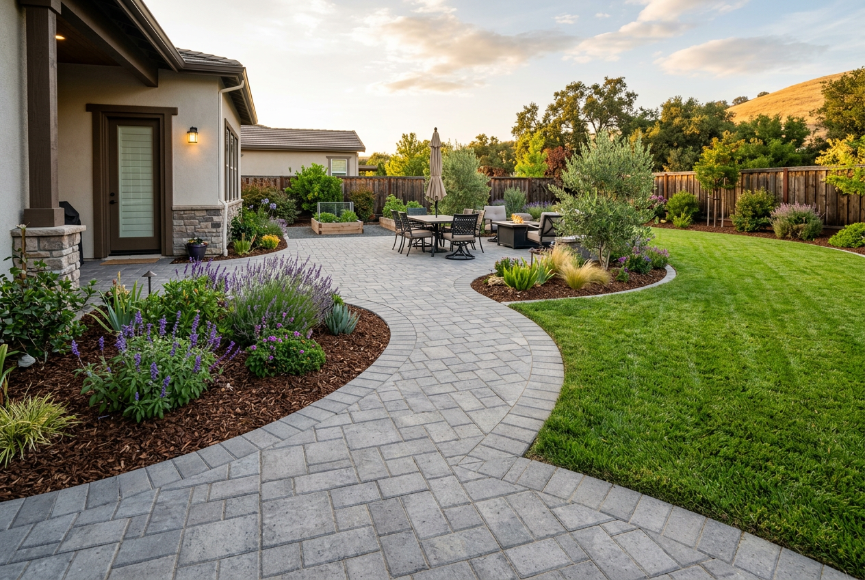 Newly installed interlocking gray paver patio and curved walkway winding through a landscaped backyard