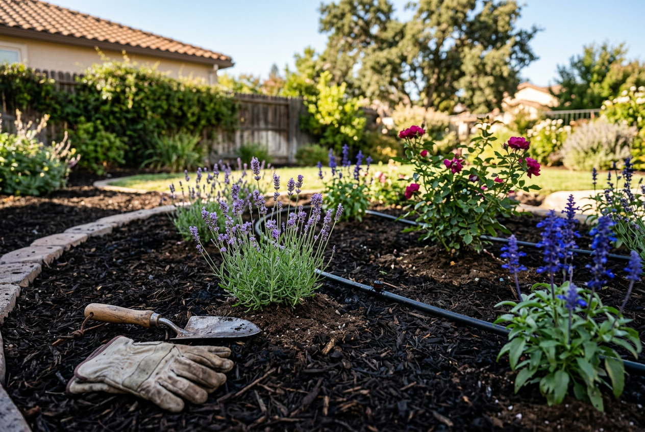 Newly planted lavender, roses, and salvia in a freshly mulched Central California landscape bed