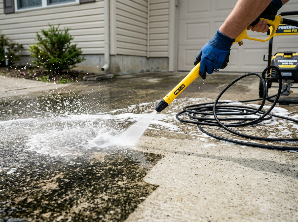 Yellow pressure washer wand cleaning a grimy concrete driveway with visible before-and-after contrast