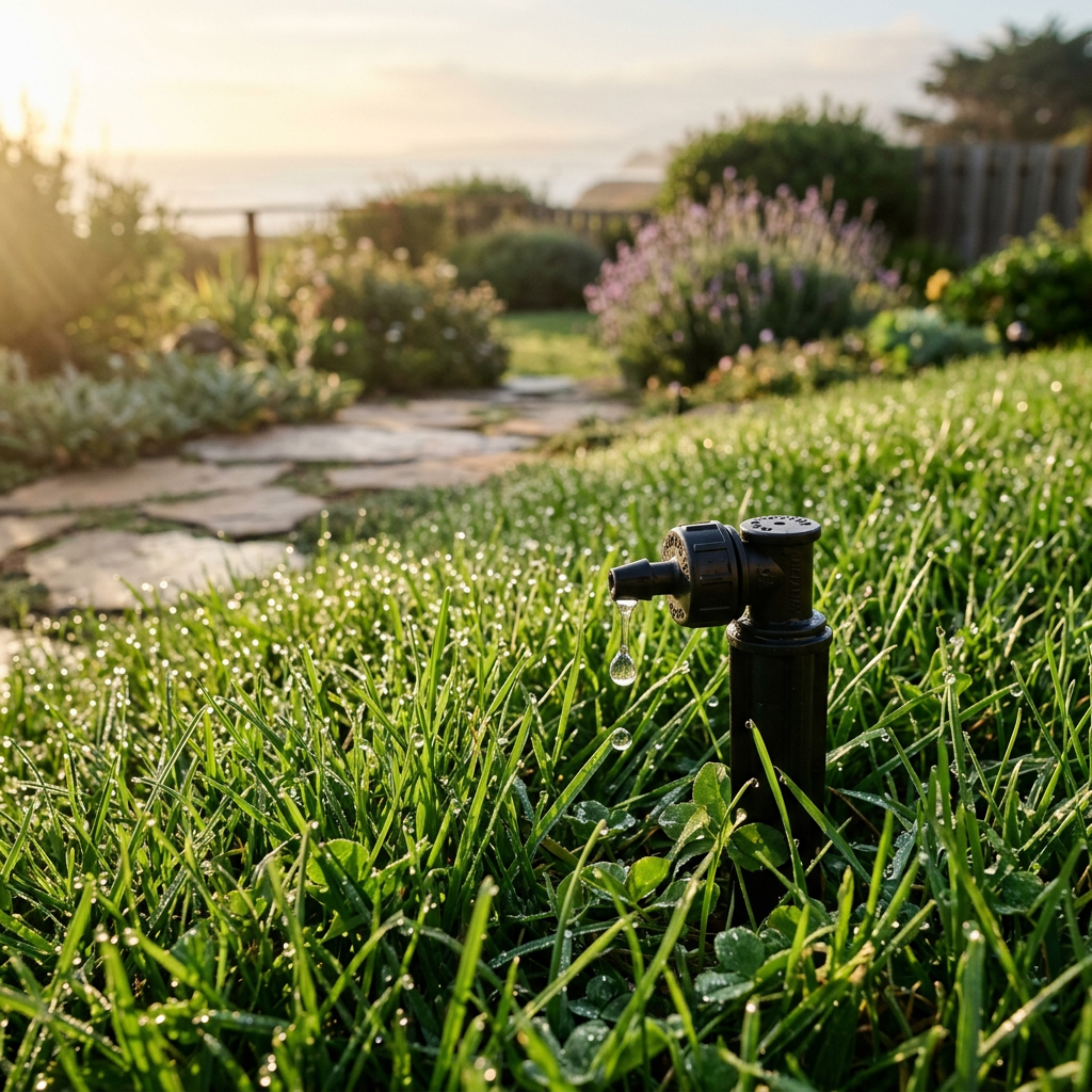 Dew-covered green lawn with a drip irrigation emitter releasing water at golden hour on the California coast