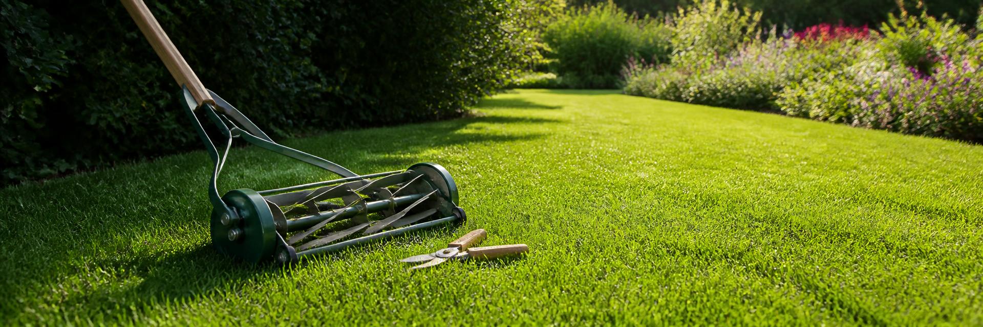 Close-up of a reel mower and pruning shears on a freshly cut green lawn with a sunlit flower bed