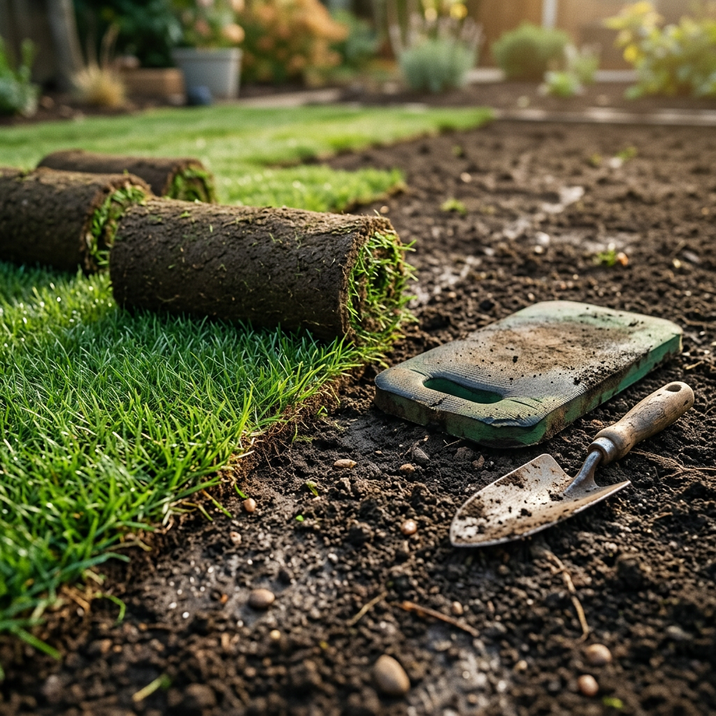 Fresh green sod rolls laid on prepared soil beside a trowel and kneeling pad