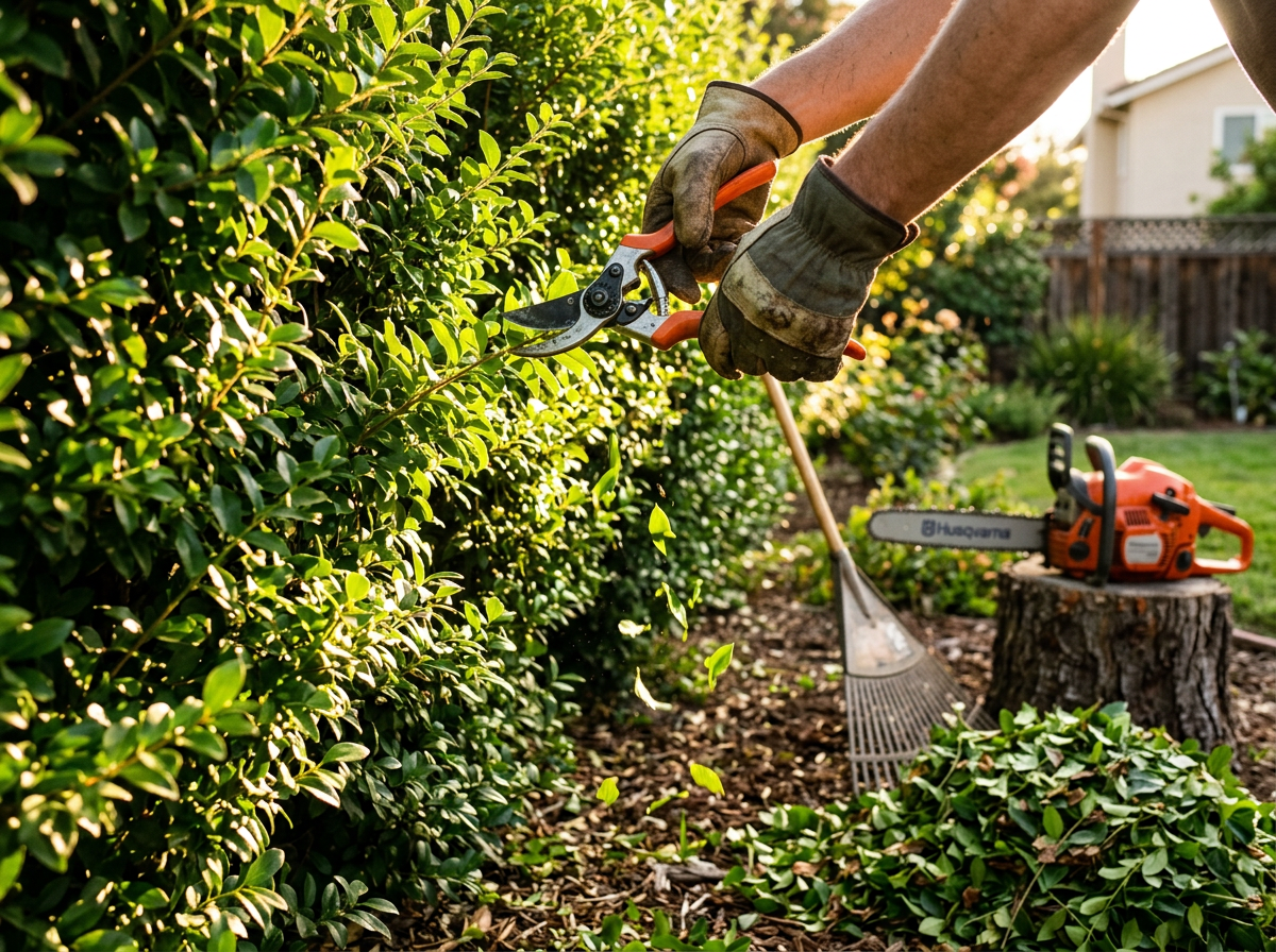 Gloved hands using bypass pruning shears to trim a healthy green hedge