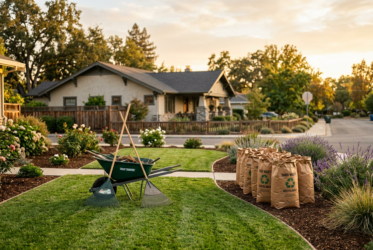Freshly cleaned residential yard with raked beds, wheelbarrow, and bagged yard waste at golden hour
